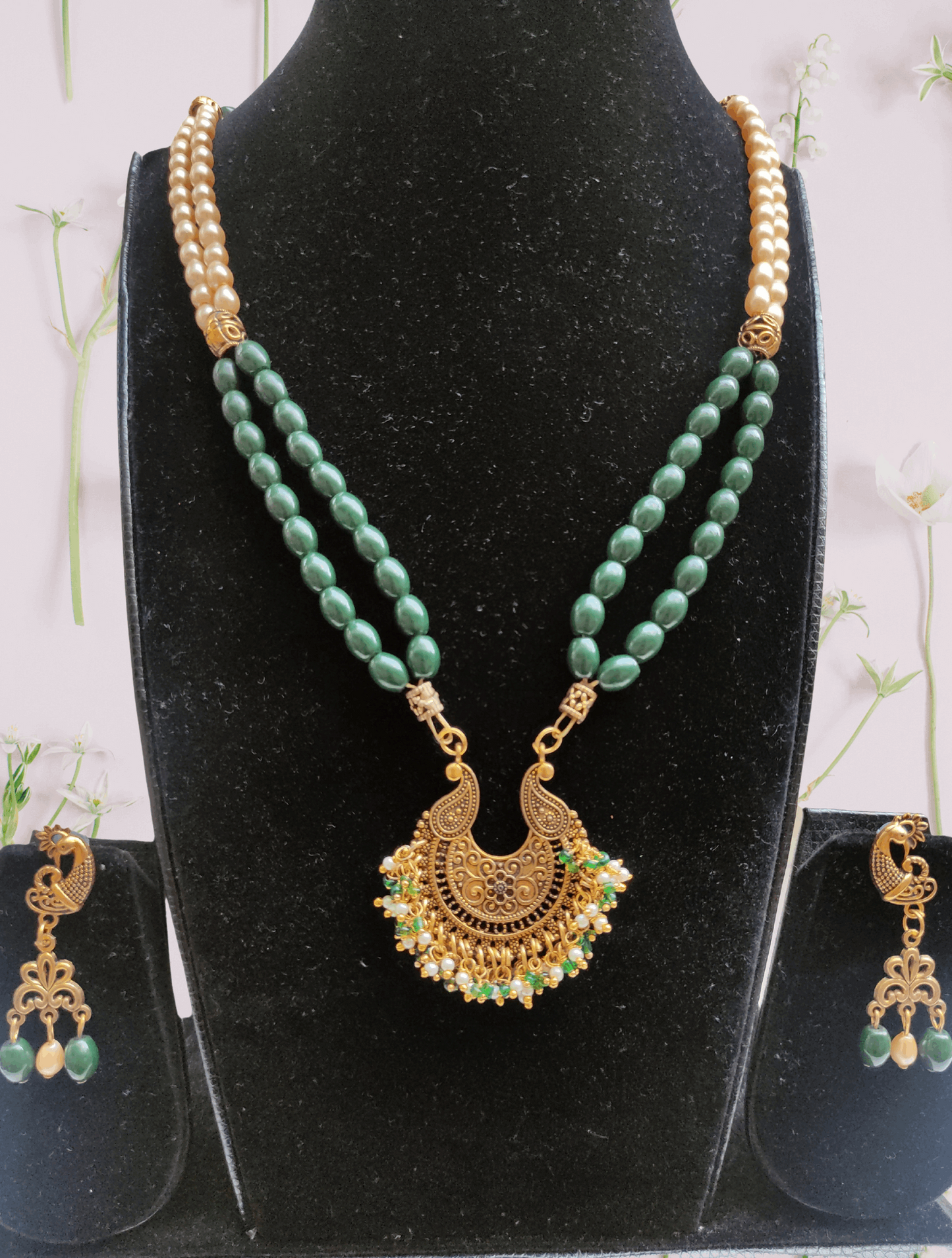 Ramya green beaded oxidised necklace set