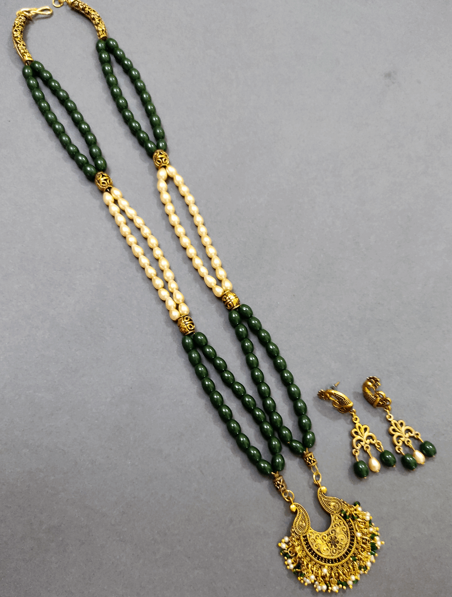 Ramya green beaded oxidised necklace set