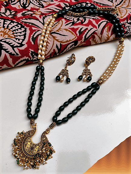 Ramya green beaded oxidised necklace set