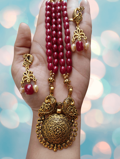 Ramya maroon beaded oxidised necklace set