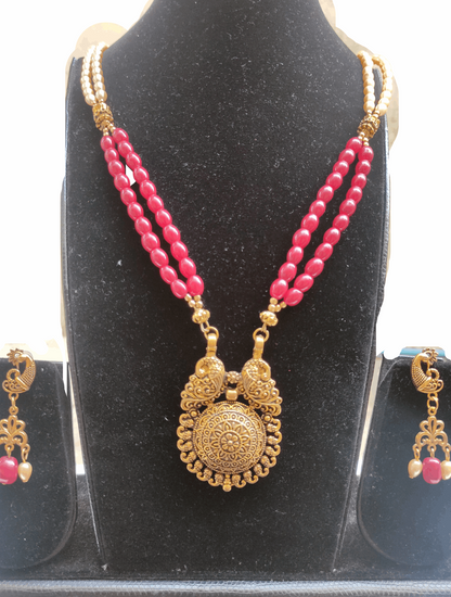 Ramya maroon beaded oxidised necklace set