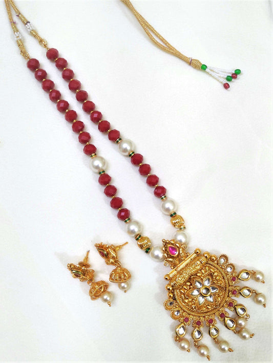 Ishanvi gold plated red beaded traditional necklace set