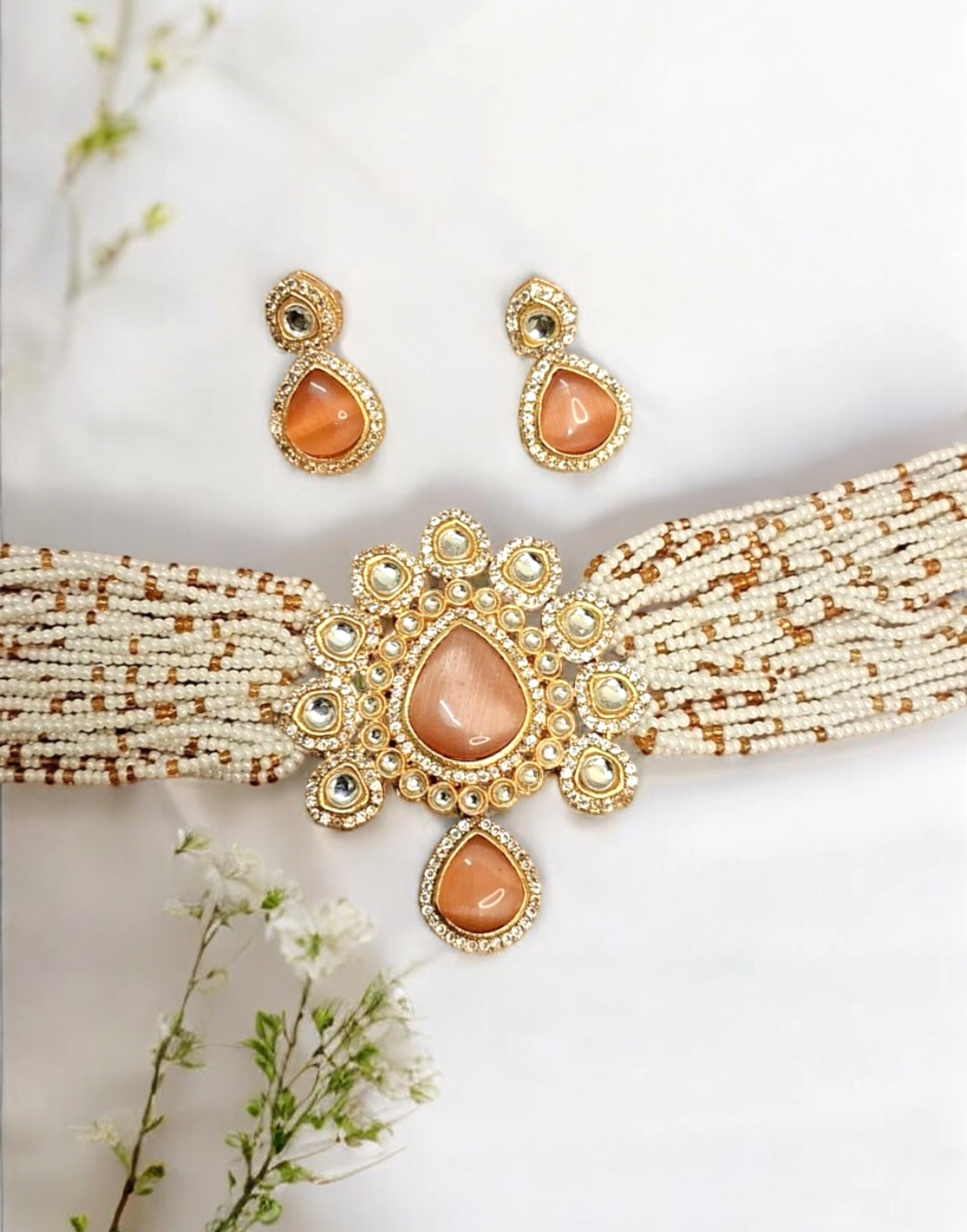 Rita orange stone beaded choker set