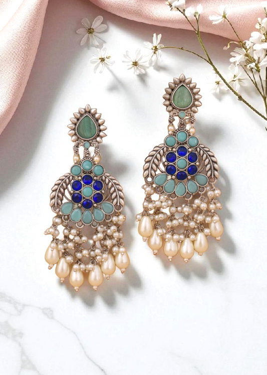 Ritara oxidised blue stone danglers - premier ethnic chandbali earrings at affordable price