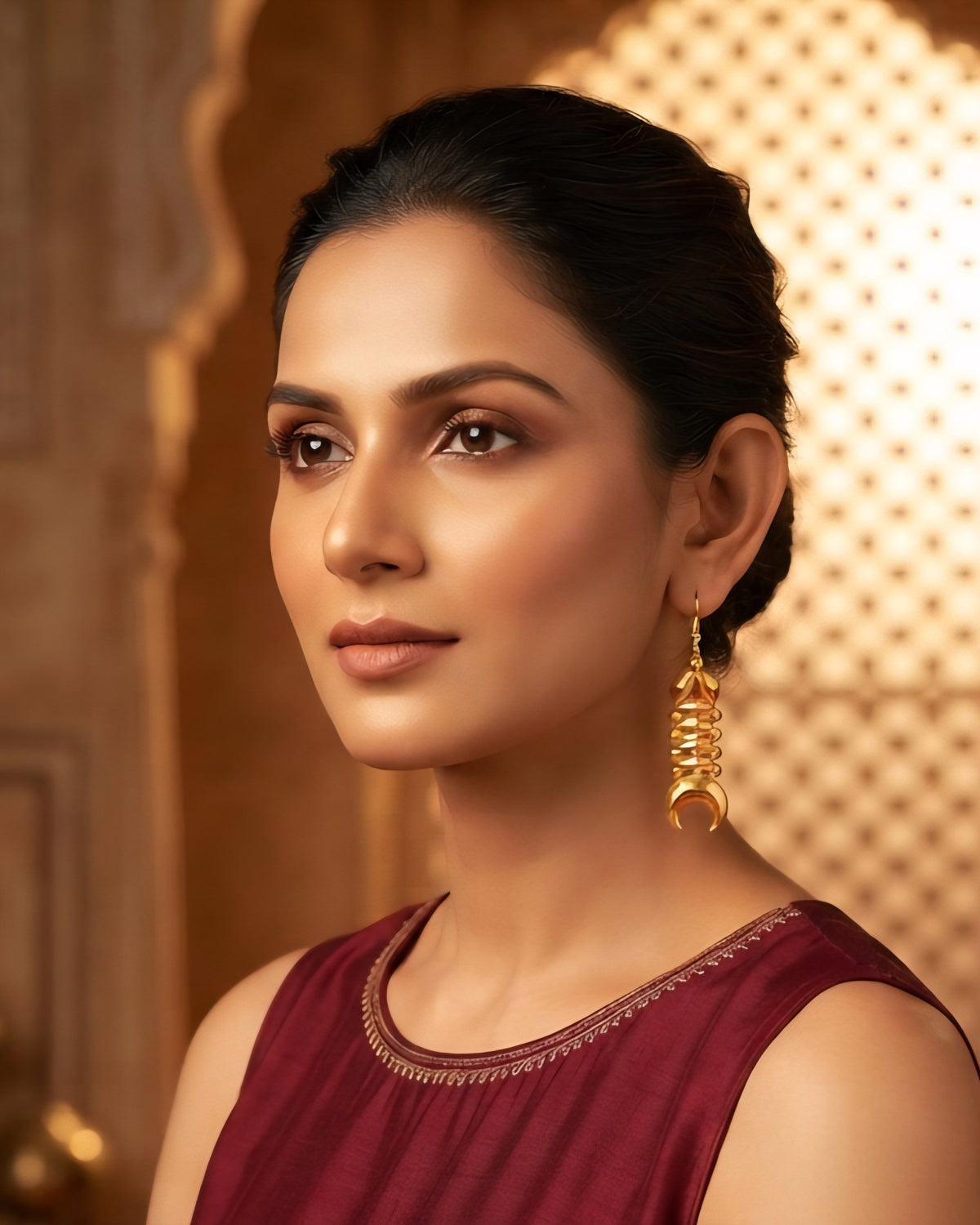 Roohani gold-plated crescent dangler earrings styled with an ethnic outfit