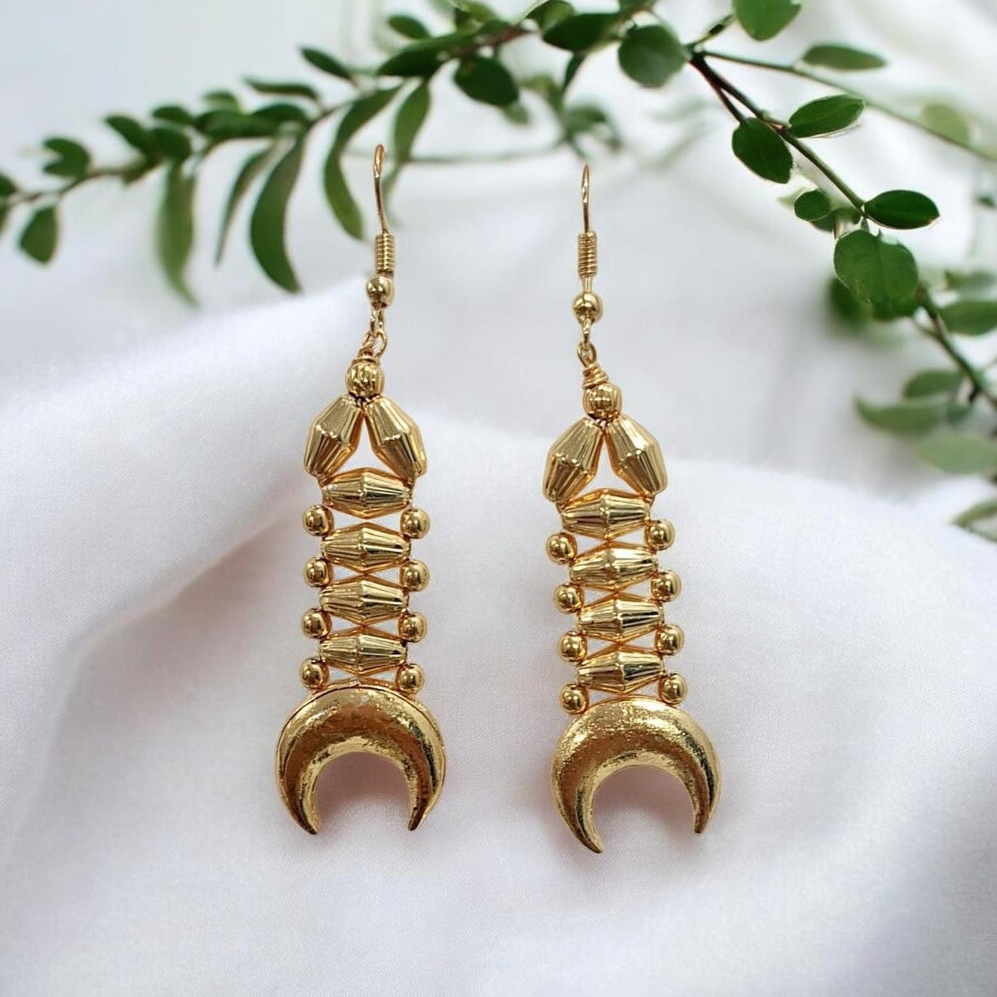 Roohani gold-plated crescent dangler earrings with geometric detailing