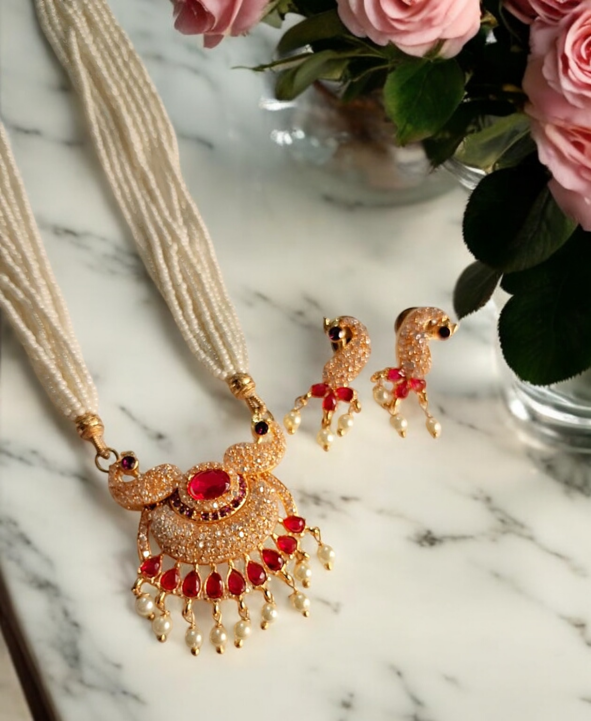 Saachi pink stone tanmani necklace set