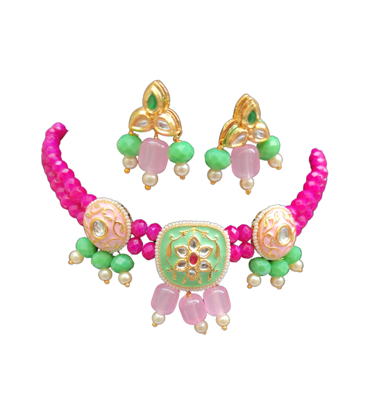 Sarnai Meenakari Pink Necklace Set