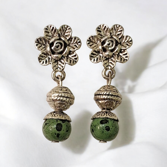 Siara Green Oxidised Necklace Set - green and silver beads with silver oxidised pendent making it a unique tribal inspired jewelry for indian and indowestern attires