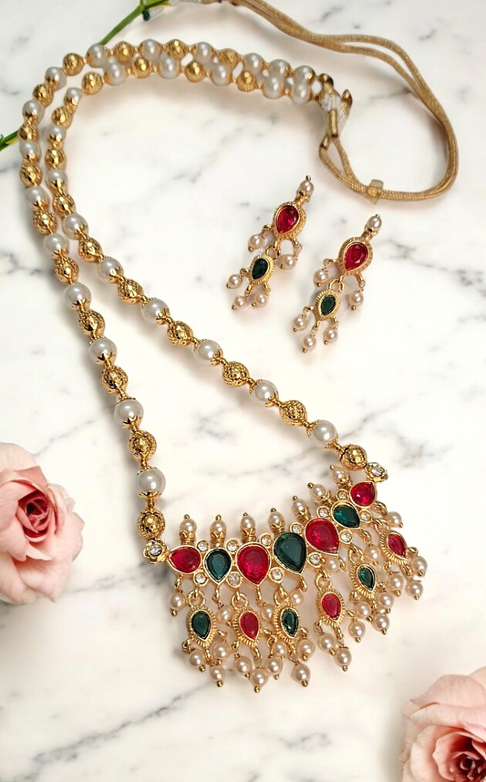 Swamini Traditional Gold Plated Long Tanmani Set - Handmade long tanmani necklace set with pearls traditional Maharashtrian jewelry