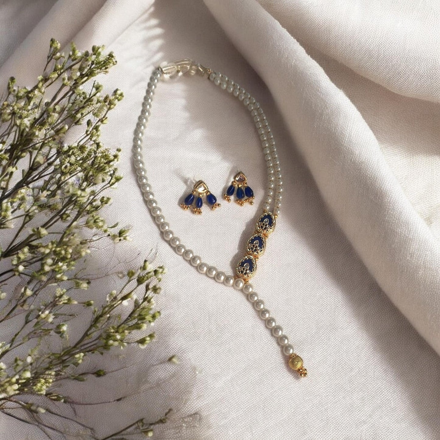 Tayira Royal Blue Pearl Necklace Set