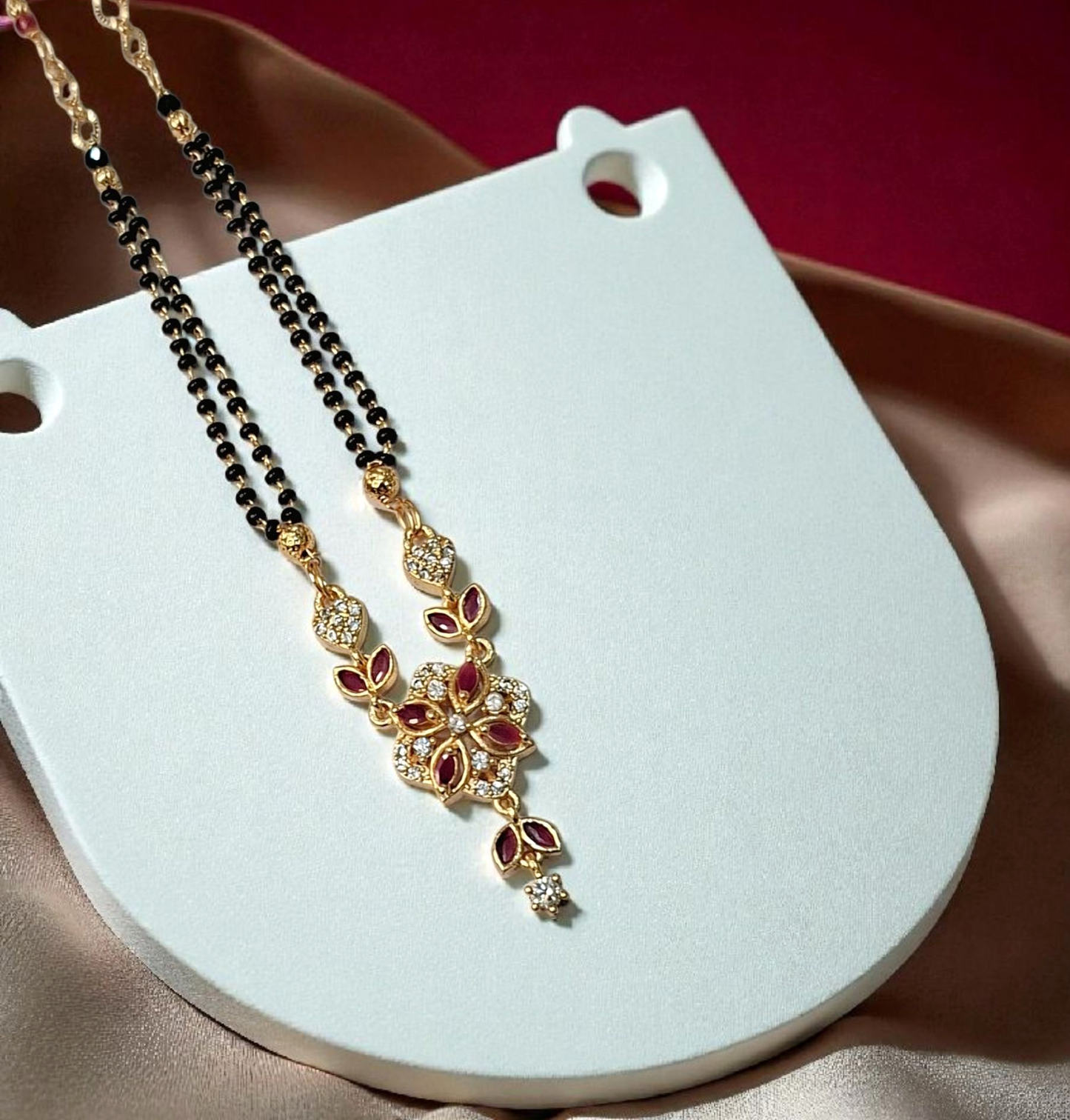 Tulsi Floral gold plated Ruby Designer Short Mangalsutra | Modern Bride Wedding Essential