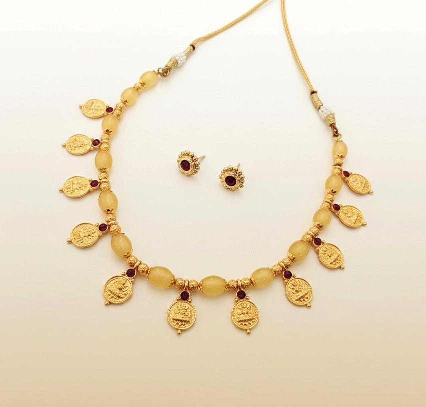 Vaibhavi Yellow Beaded Lakshmi coin necklace set and stud earrings , traditional temple jewellery, full set view
