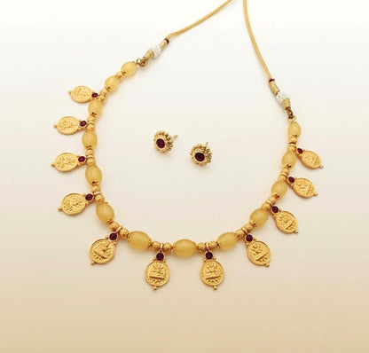 Vaibhavi Yellow Beaded Lakshmi coin necklace set and stud earrings , traditional temple jewellery, full set view
