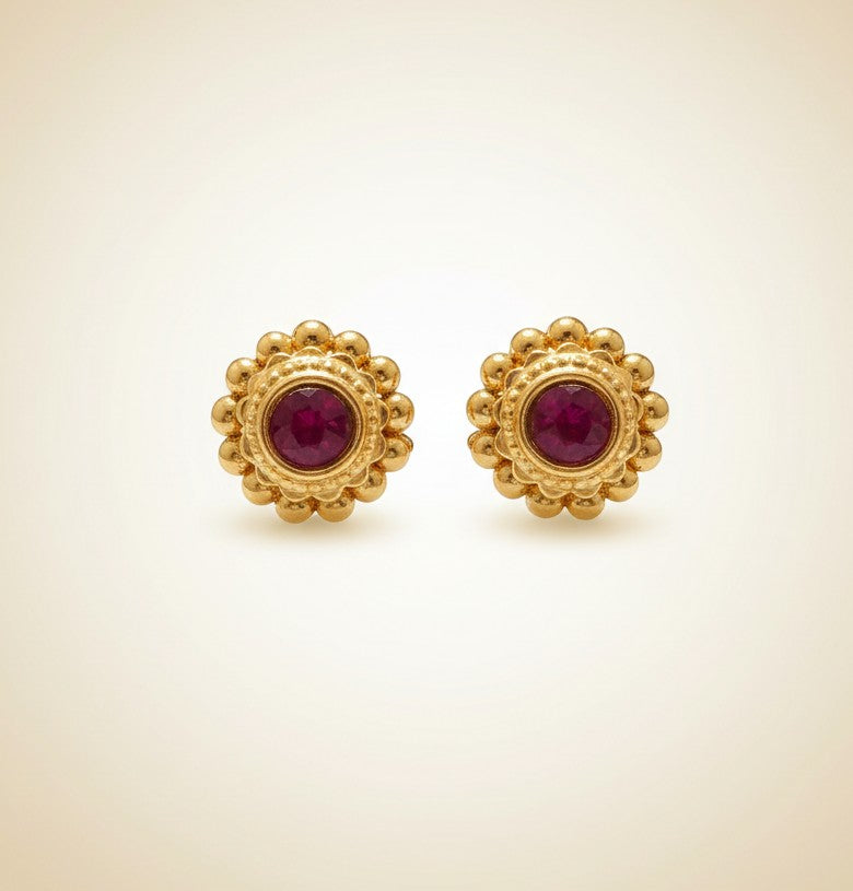Gold stud earrings with maroon stone, floral design, part of Vaibhavi Lakshmi Yellow Beaded coin necklace set