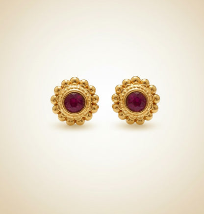 Gold stud earrings with maroon stone, floral design, part of Vaibhavi Lakshmi Yellow Beaded coin necklace set