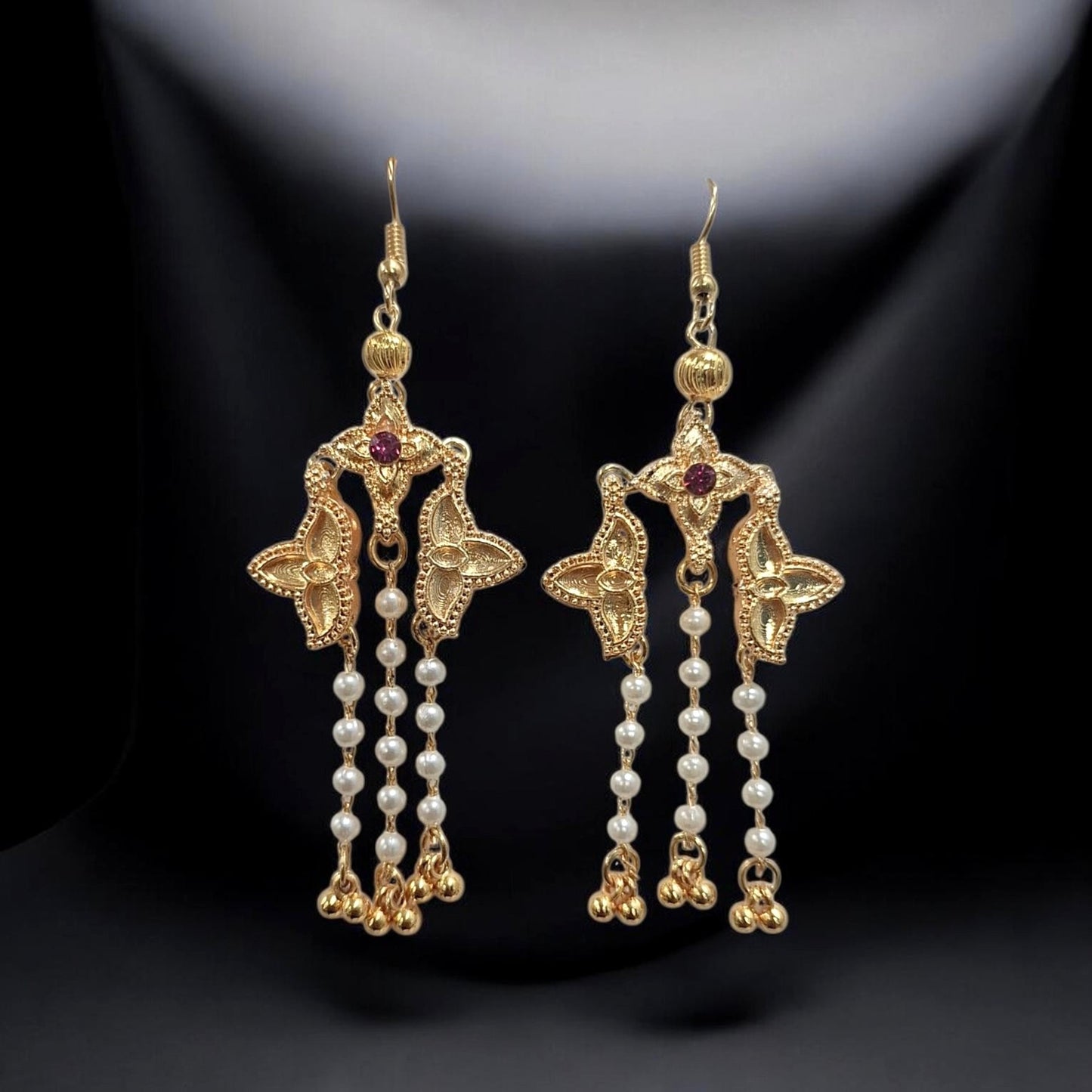 Vedika gold-plated pearl floral dangler earrings with intricate detailing