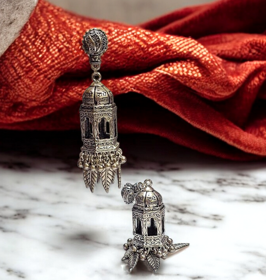 Antique look big silver oxidised earrings, temple jewellery, handmade ethnic earrings for women in India