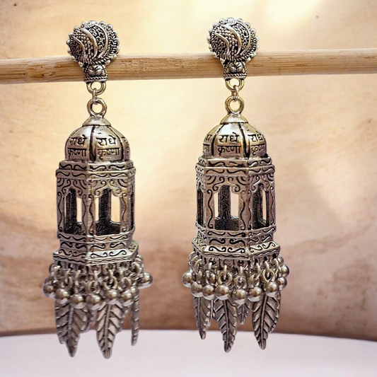 Antique look big silver oxidised earrings, temple jewellery, handmade ethnic earrings for women in India