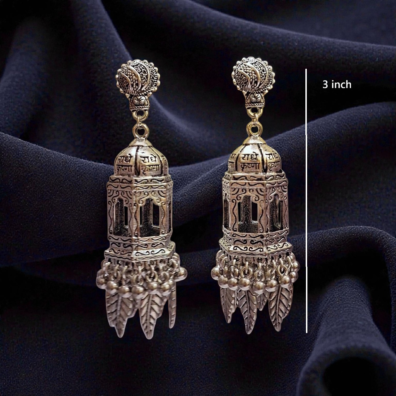Antique look big silver oxidised earrings, temple jewellery, handmade ethnic earrings for women in India