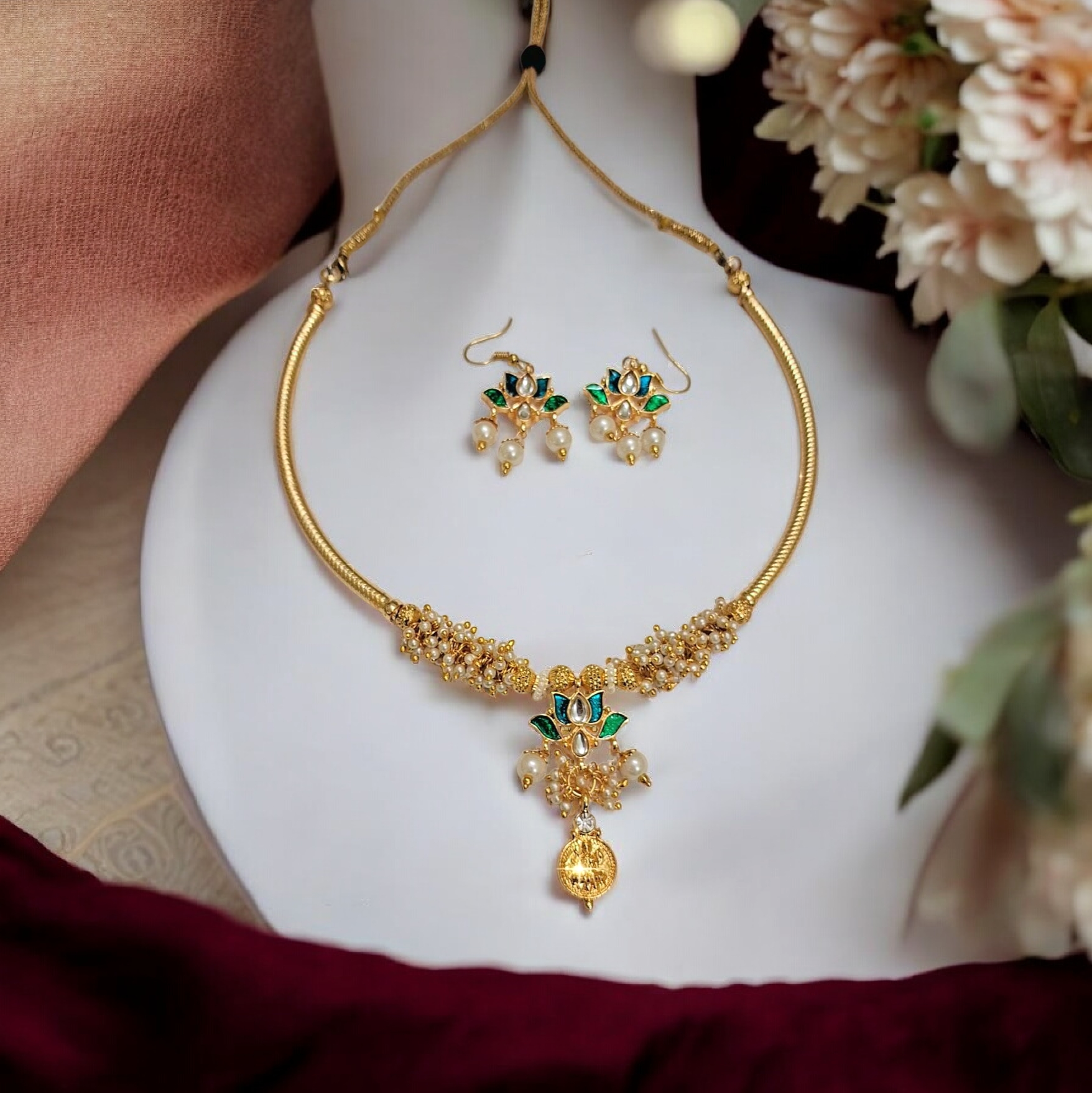 Yashvi Lakshmi Coin Pendent Pearl Choker Setwith green meenakari lots and pearl earrings - Maharashtrian temple jewelry by IndiAura Mode