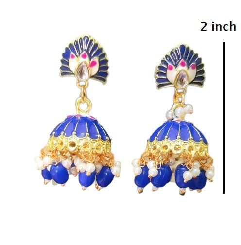 Traditional Golden Sky Blue Meenakari Floral Kundan Jhumki Earrings RA