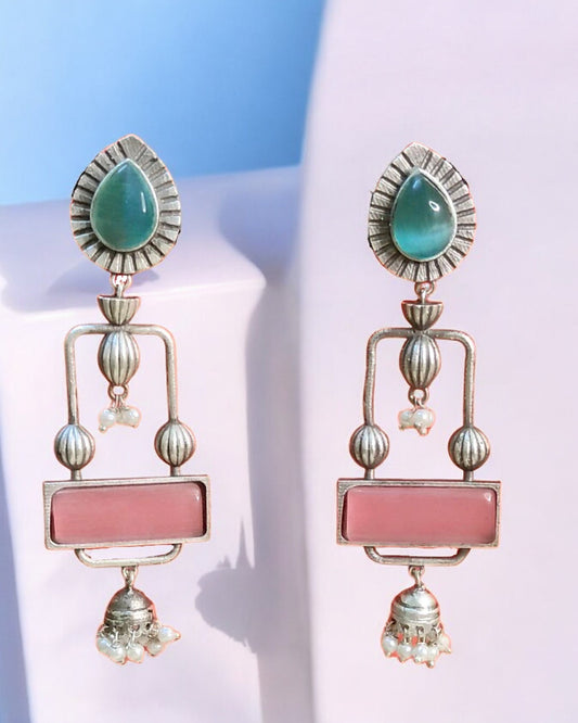 Pakhi Green and Pink Oxidised Danglers