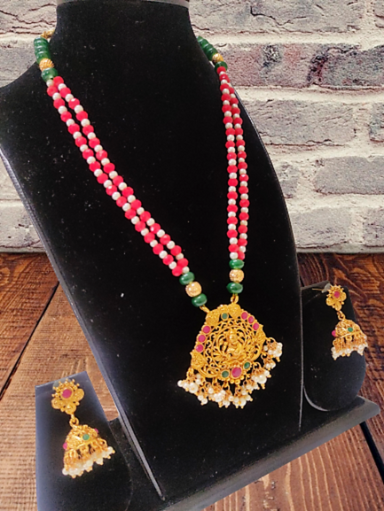 Arini gold plated red beaded necklace set